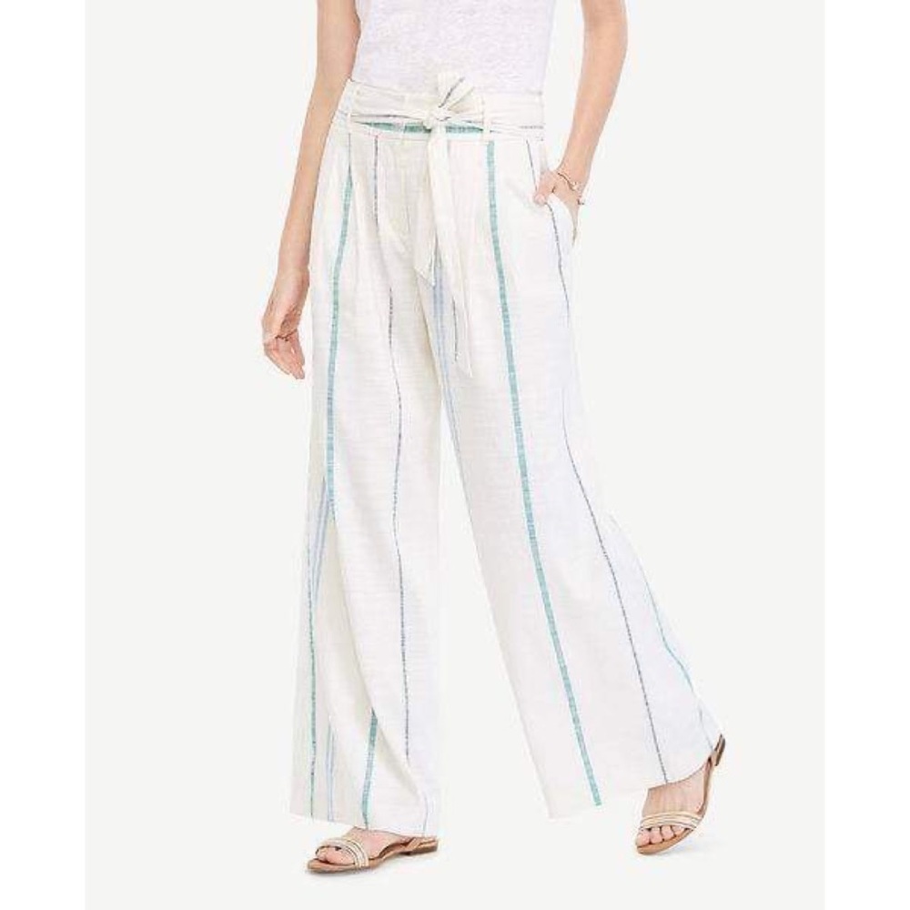 Ann Taylor Tie Waist Striped Linen Wide Leg Pants